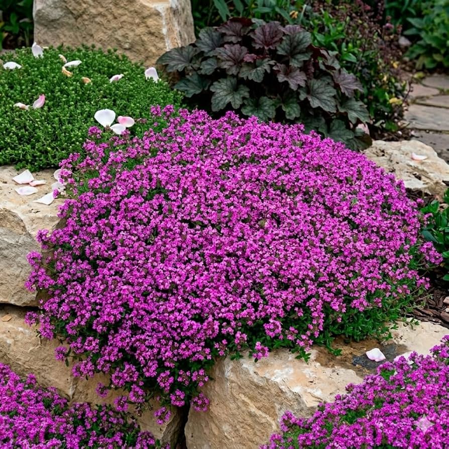 Evergrowseeds Elfin Thyme herb seeds, fragrant low-growing ground cover variety, shown in seed packet with green herbs.