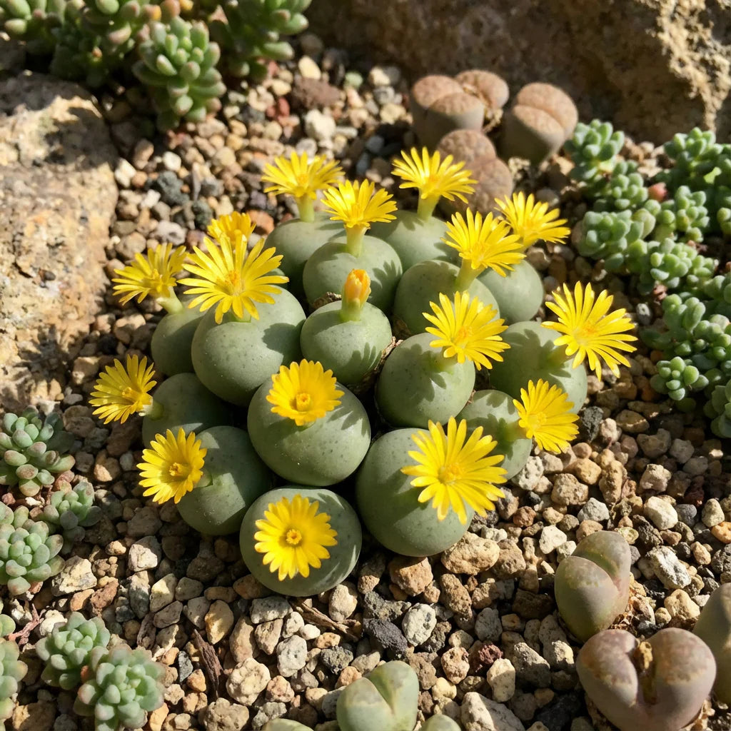 Yellow Conophytum Flower Planting Seeds Seed for Unique and Compact Blooms blooming in flower beds, containers, borders, and pollinator-friendly gardens