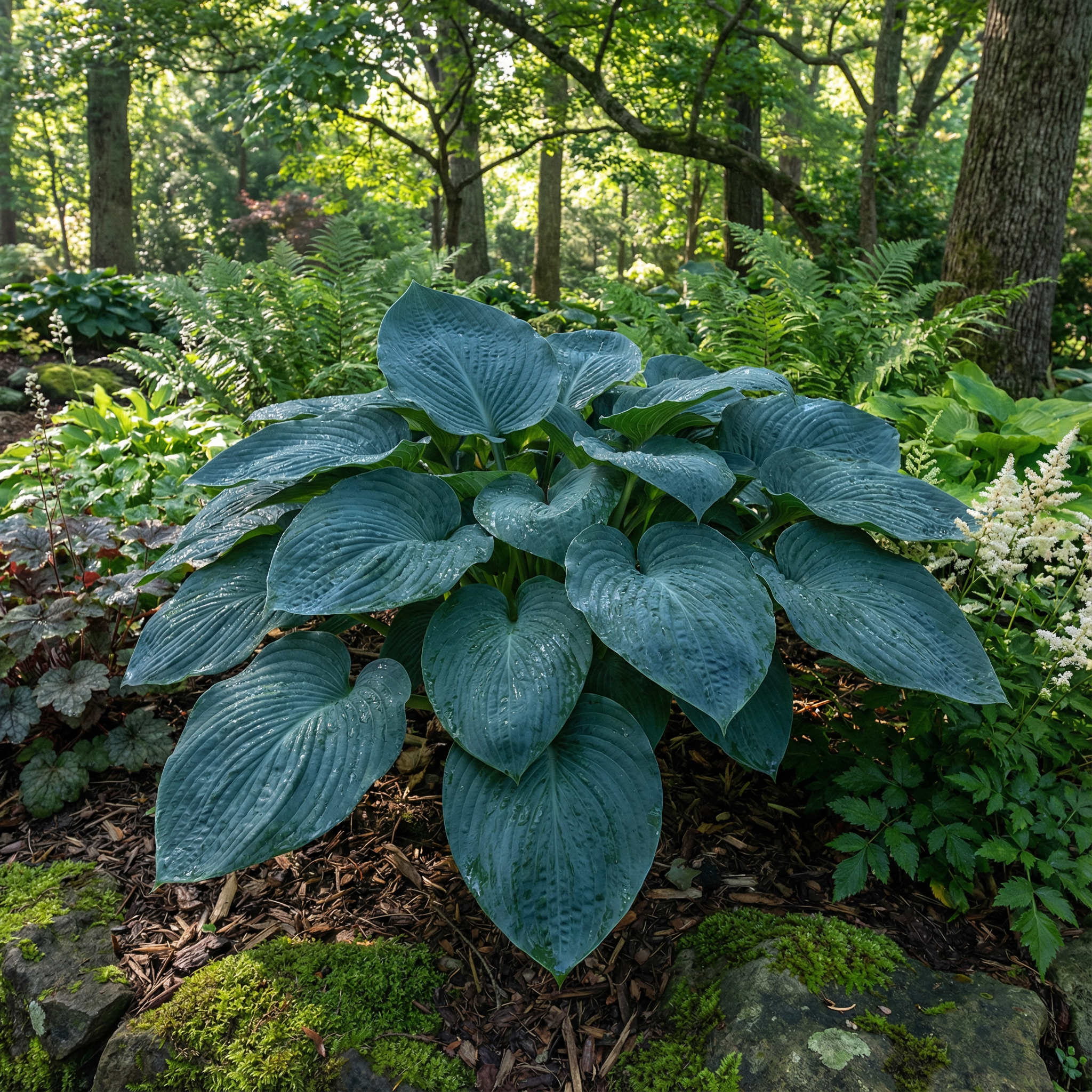 Evergrowseeds Hosta flower seeds for planting, showcasing lush green foliage and perennial shade plant characteristics.