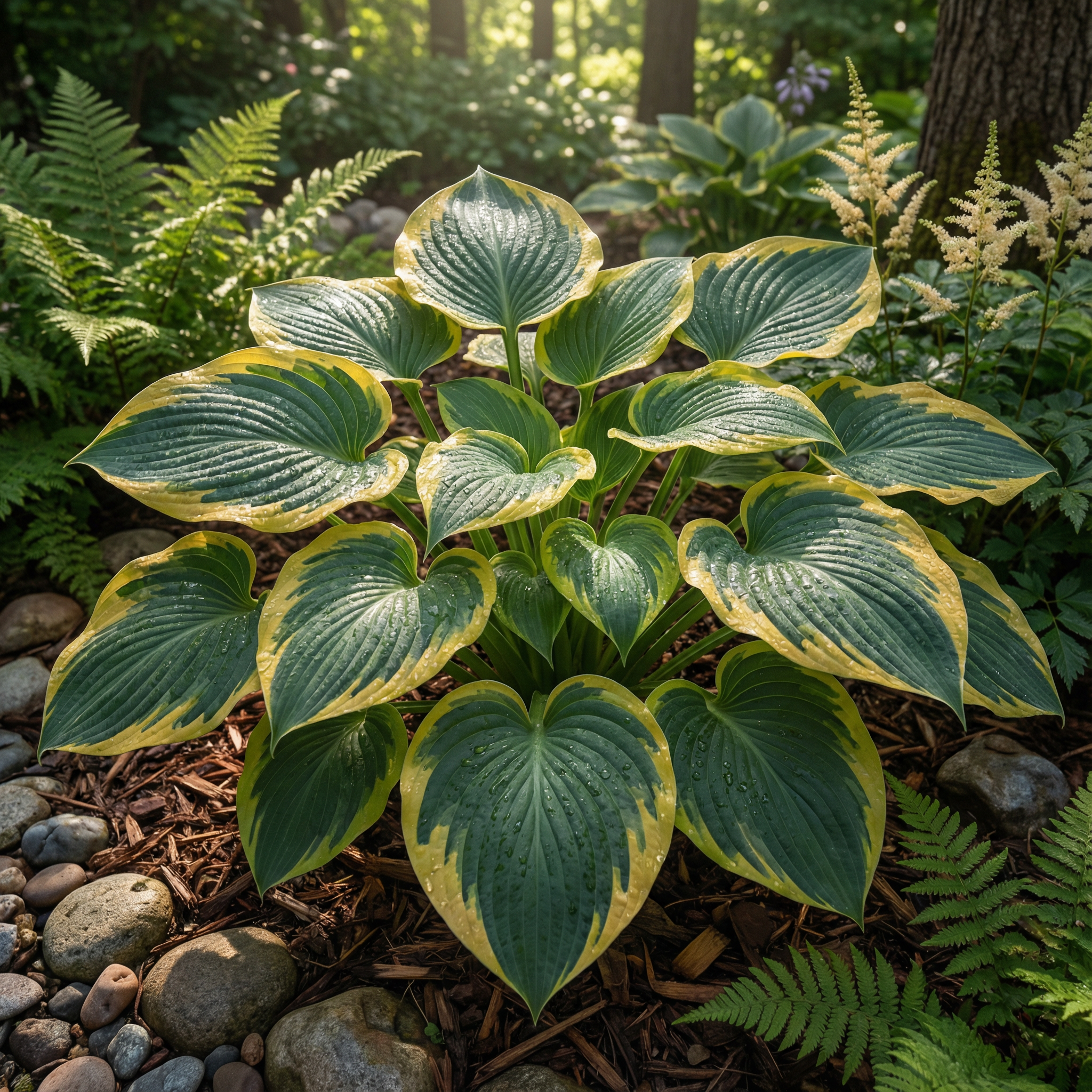 Evergrowseeds Hosta seeds for planting, non-GMO perennial shade plant with lush foliage, shown in a realistic hyper-detailed image.