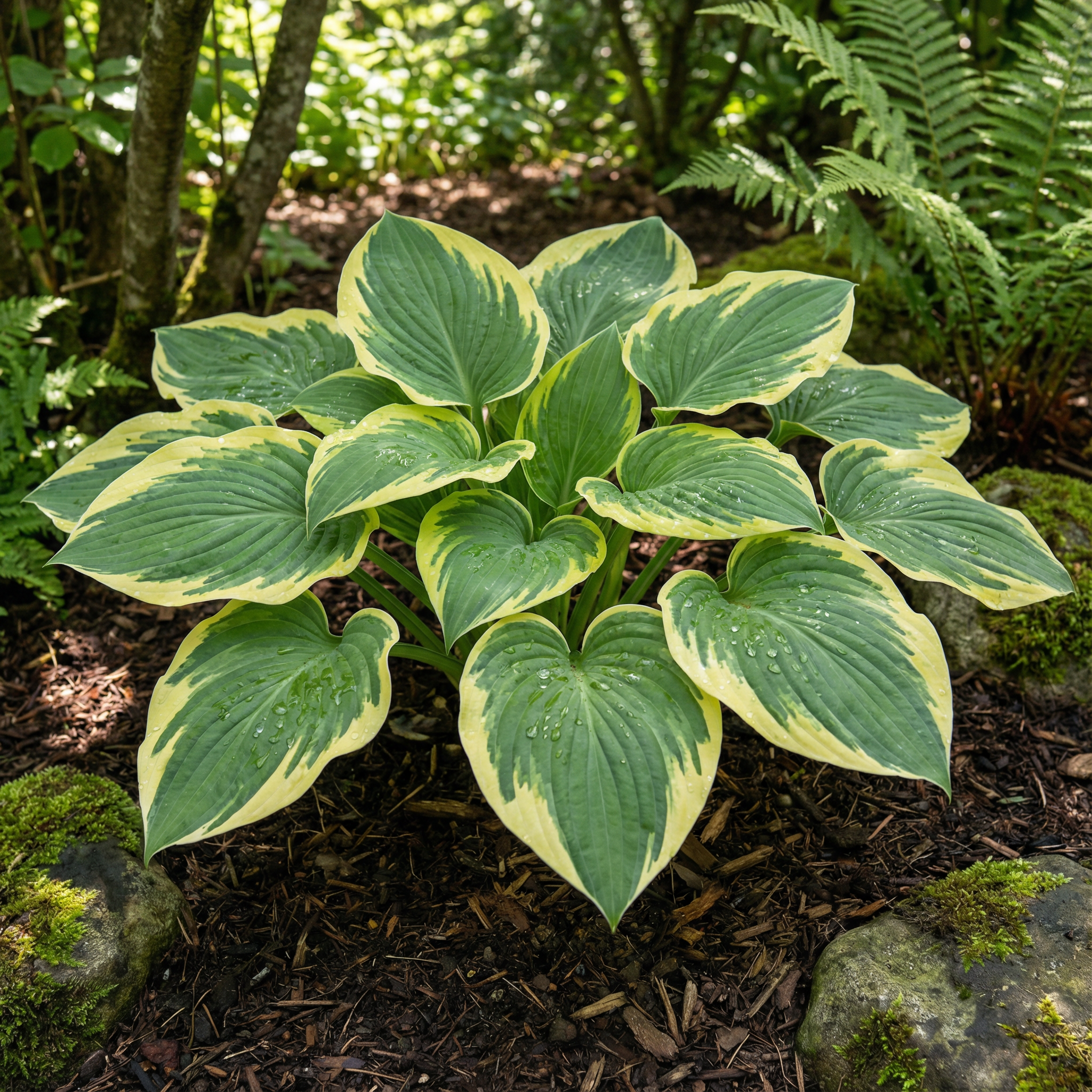 Evergrowseeds Hosta seeds for planting, non-GMO perennial shade plant with lush green foliage, ideal for garden landscapes.