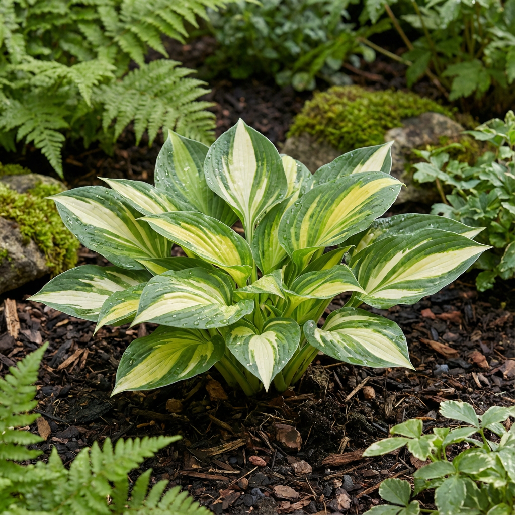 Evergrowseeds Hosta seeds for planting, heirloom, non-GMO perennial shade plant, featuring lush foliage and vibrant green leaves.