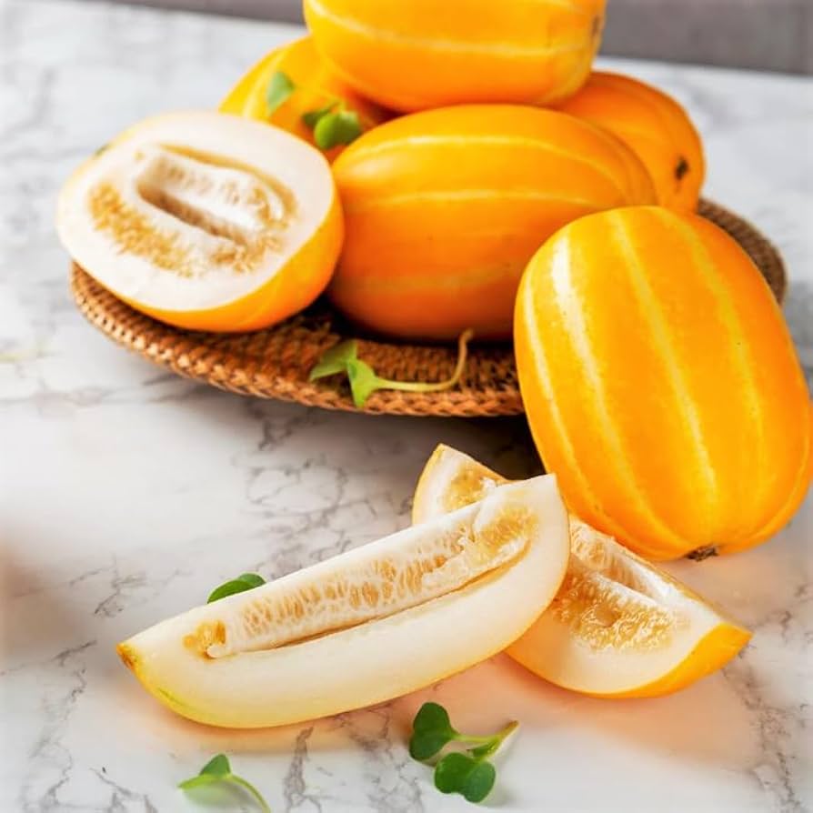 White-fleshed Korean melon cut open for display