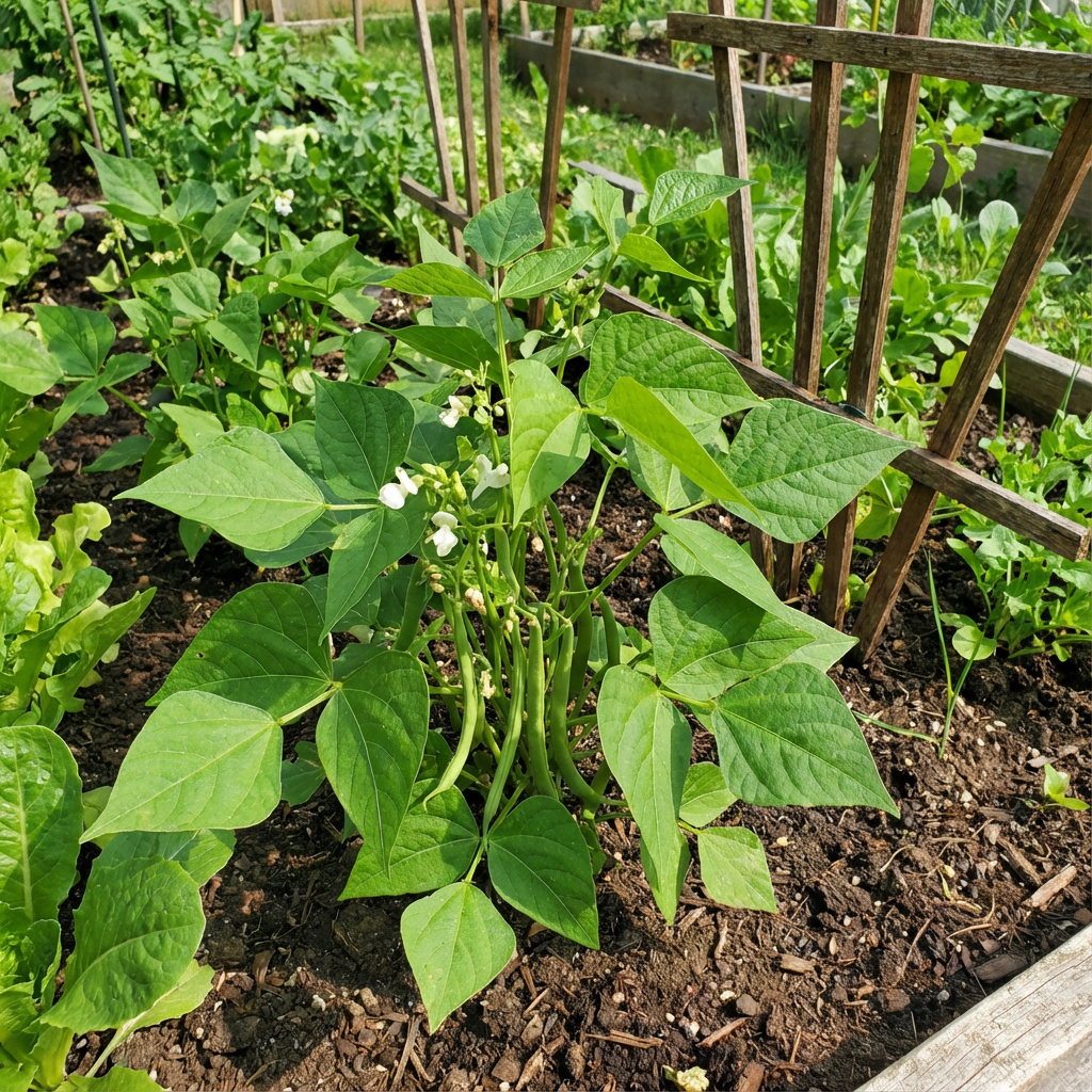 Green bean seeds from Evergrowseeds for home gardening, showcasing fresh green beans and vibrant plant growth.